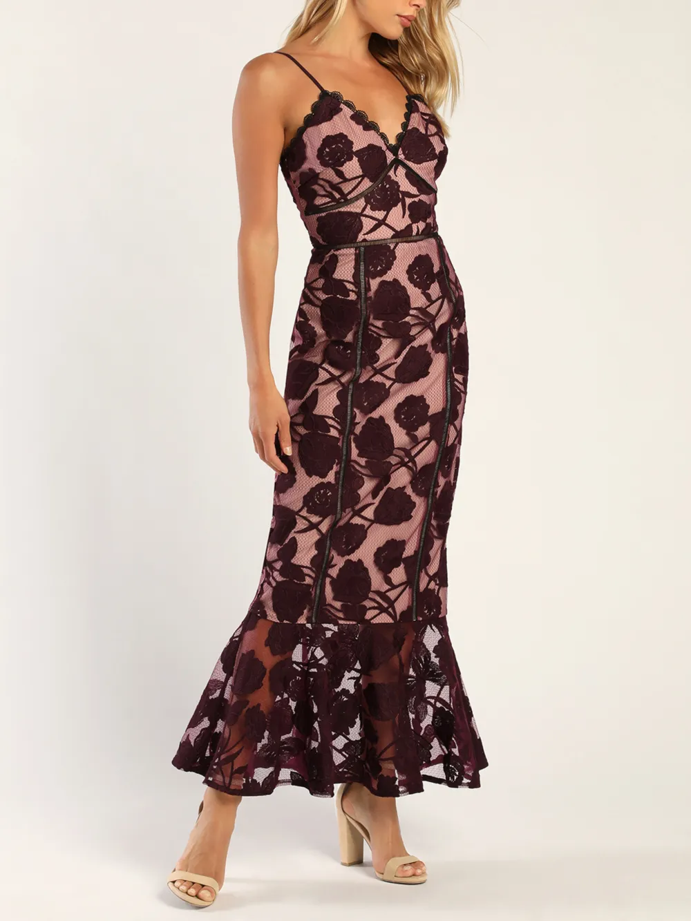Navy Blue Floral Mesh Lace Trumpet Midi Dress