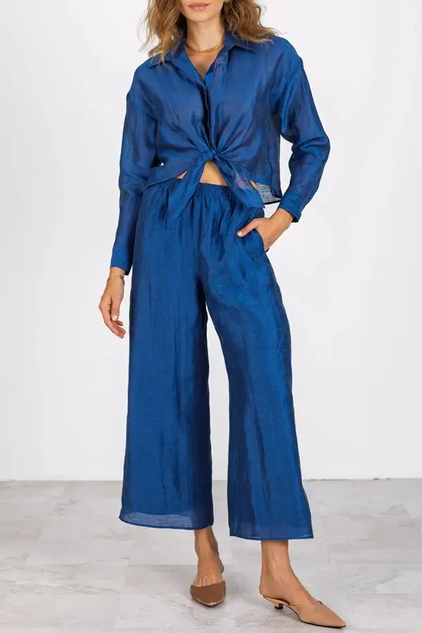 Blue Satin Tie Front Wide Leg Pants