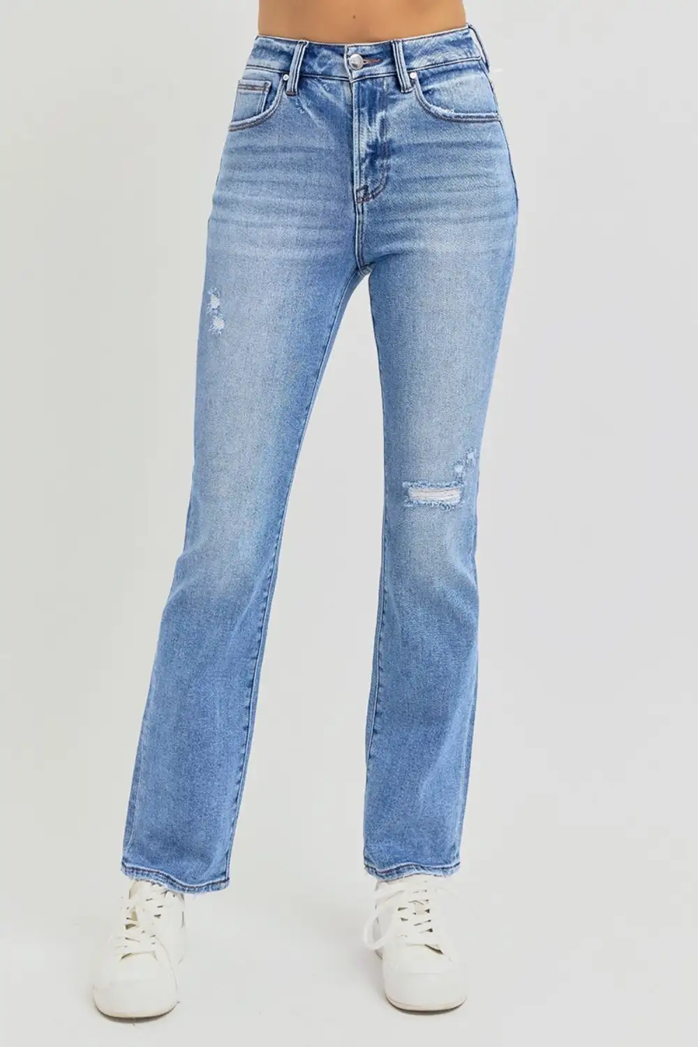 Distressed High Rise Ankle Straight Denim Jeans