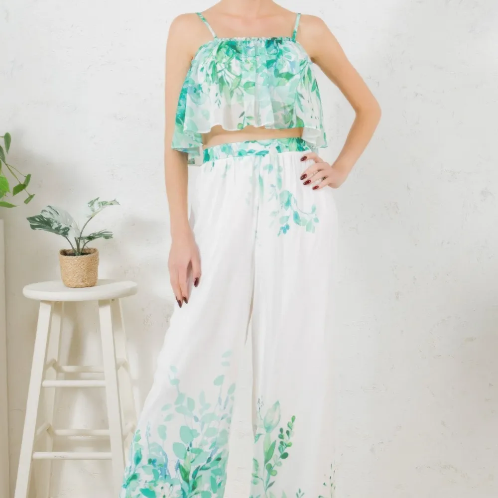 Printed Crop Top & Wide Leg Long Pants Set