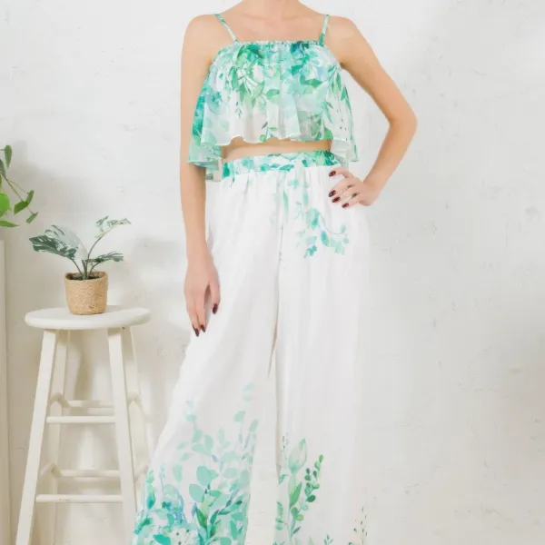 Printed Crop Top & Wide Leg Long Pants Set