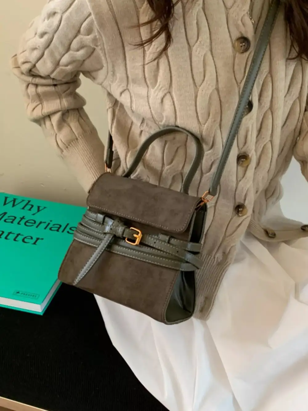 Buckle Accent Suede Crossbody Bag