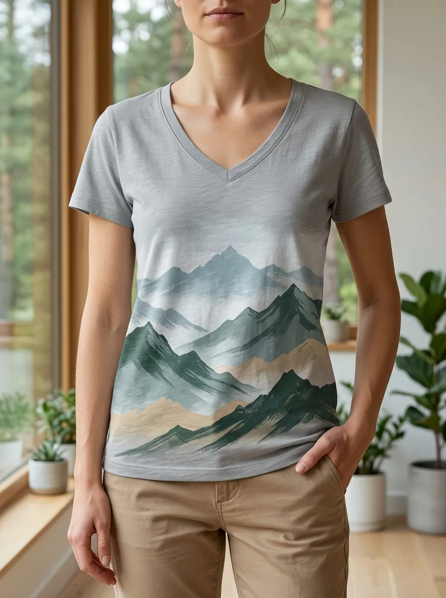 Women's Scenic Nature Lover Mountain Landscape V-Neck T-Shirt
