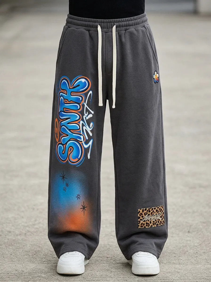 Unisex Urban Streetwear Graffiti Leopard Patch Sweatpants
