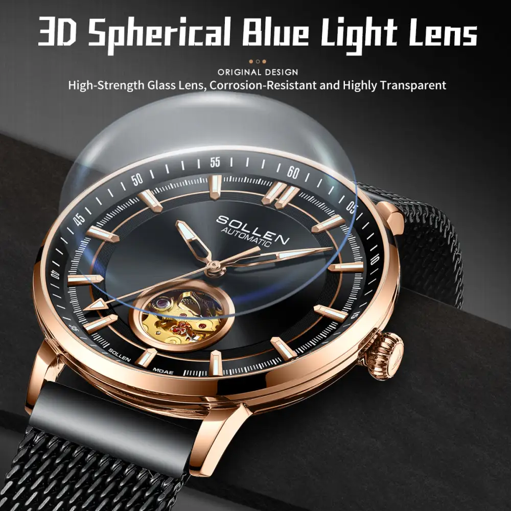 Sollen SL360 Men's Open Heart Automatic Mechanical Watch - 42mm Stainless Steel Case Slim 9.9mm Miyota Movement Luminous Markers Mesh Bracelet Wristwatch