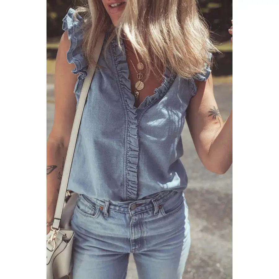 Frilly Ruffle Trim V Neck Chambray Tank