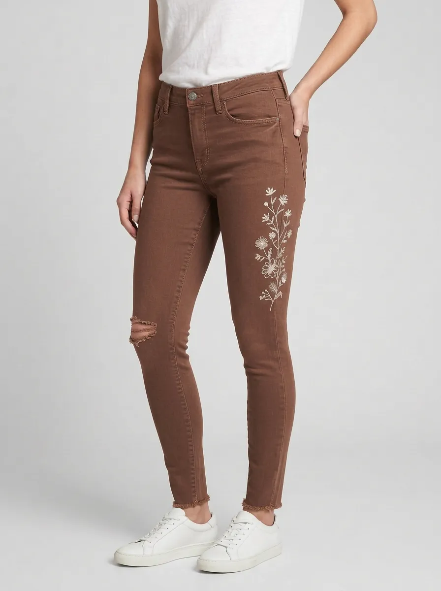 Women's Harbor Floral White Flower Embroidered Graphic Slim Jeans