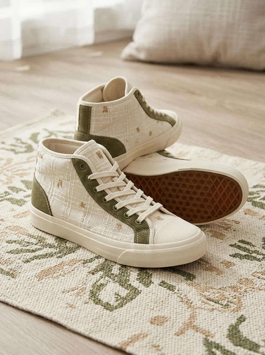Women's Beige Plaid Olive Green Trim Printed Canvas Sneakers