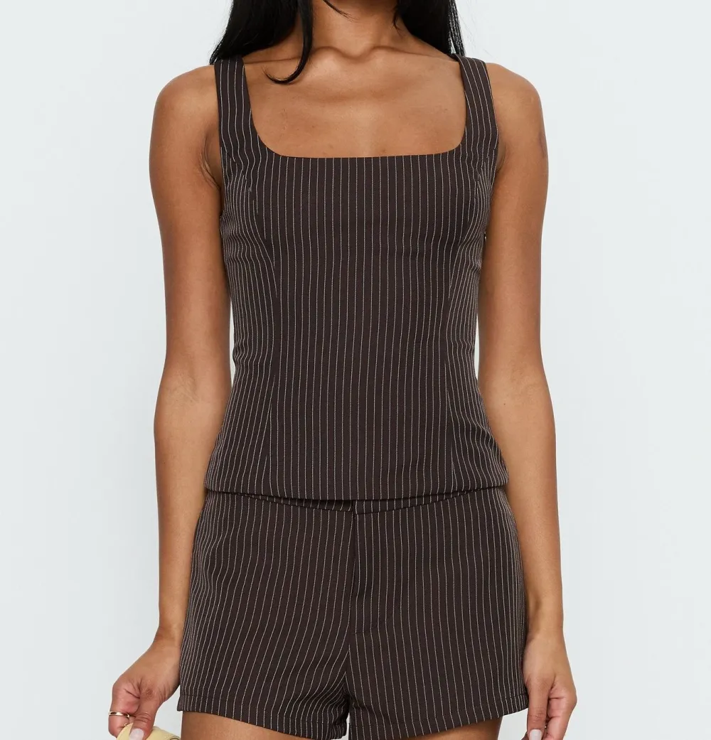 Brown Pinstripe Tailored Square-Neck Top