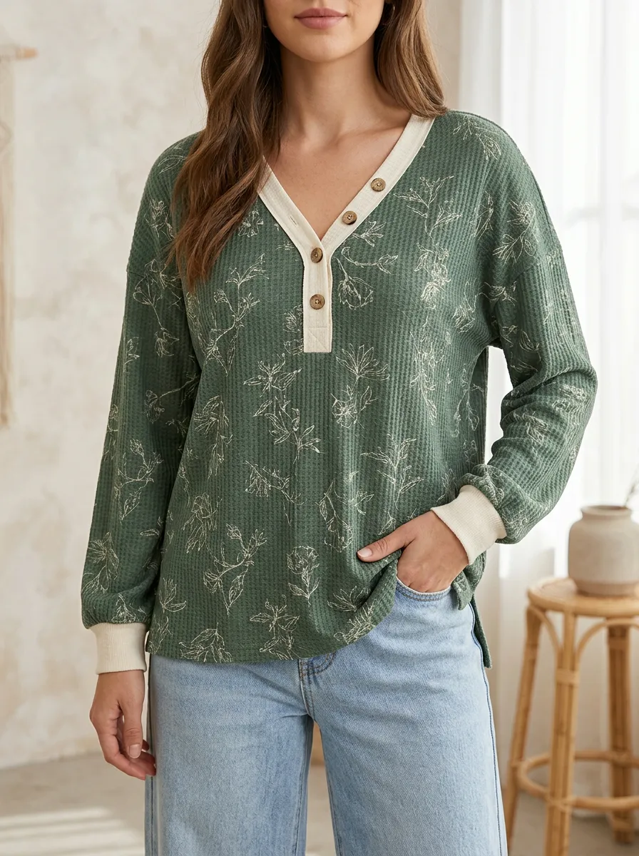 Women's Heritage Botanical Floral Waffle Knit Printed Top Button V-Neck T-Shirt