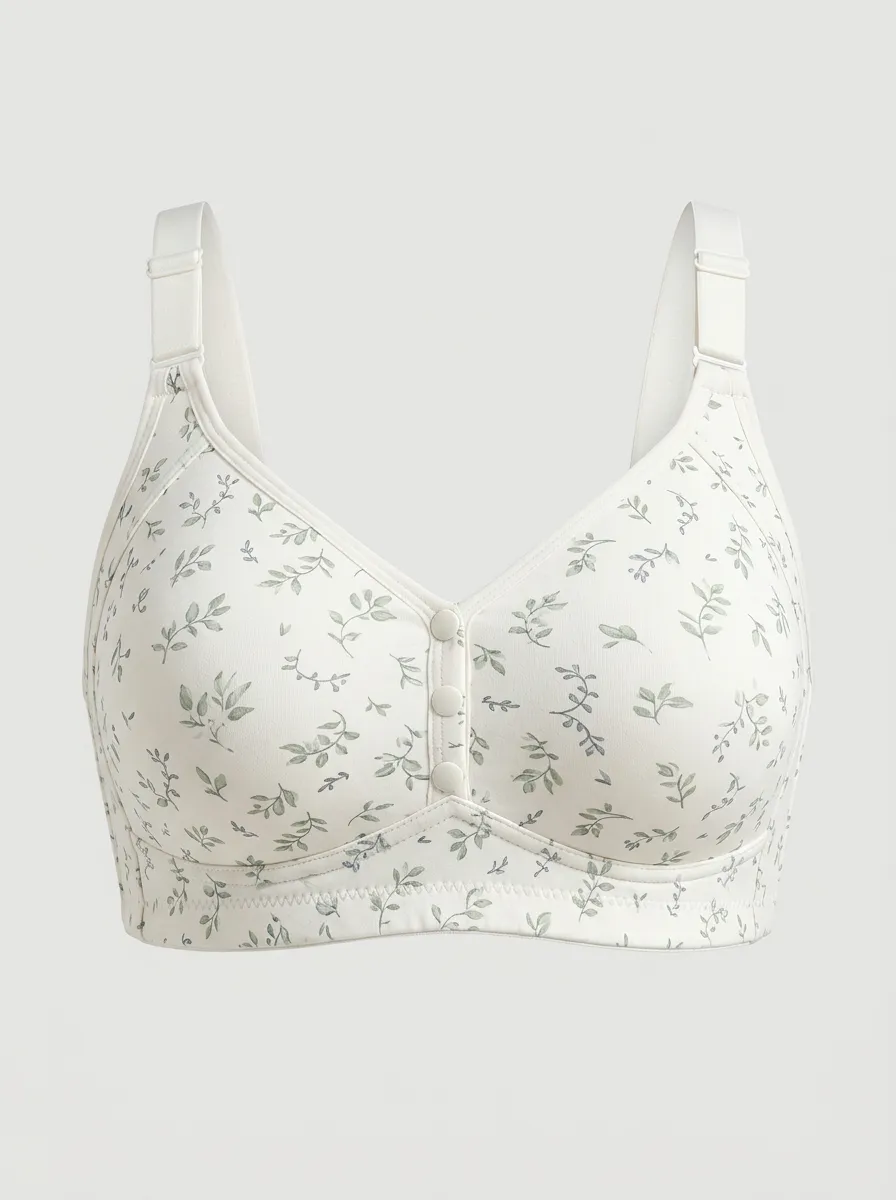 Women's Plus Size Off-White Botanical Leaf Front-Closure V-Neck Wireless Bralette