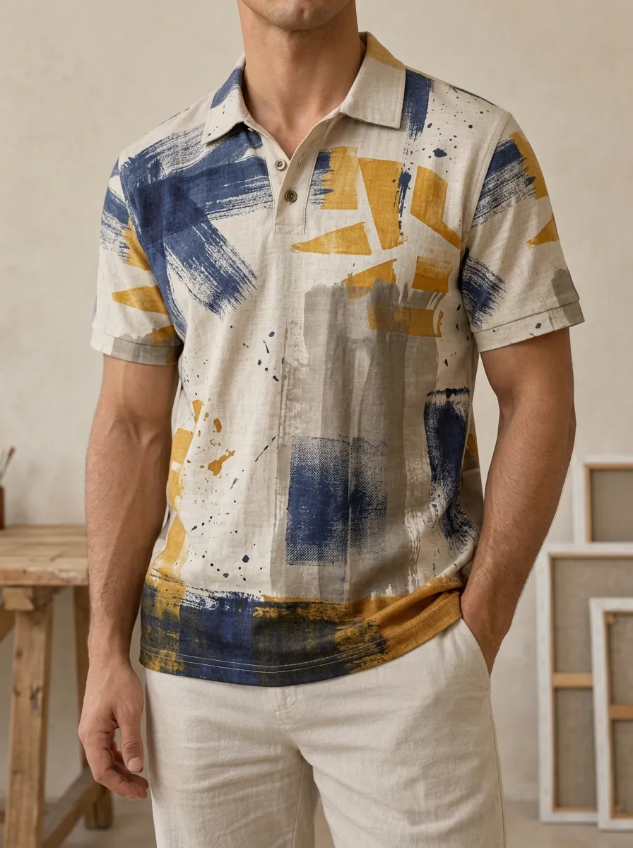 Men's Abstract Brushstroke Blue Yellow Printed Polo Shirt