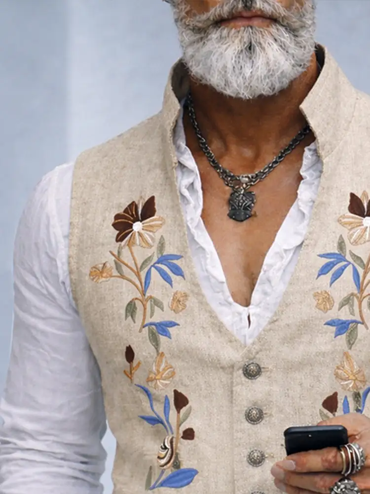 Elegant Cotton Linen Embroidered Vest Jacket