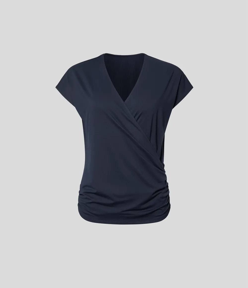 V Neck Cap Sleeve Crossover Ruched Solid Work Blouse
