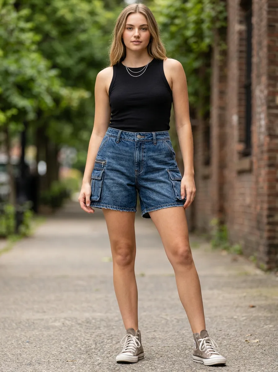 Women's Casual Streetwear Blue Denim Cargo Printed Shorts