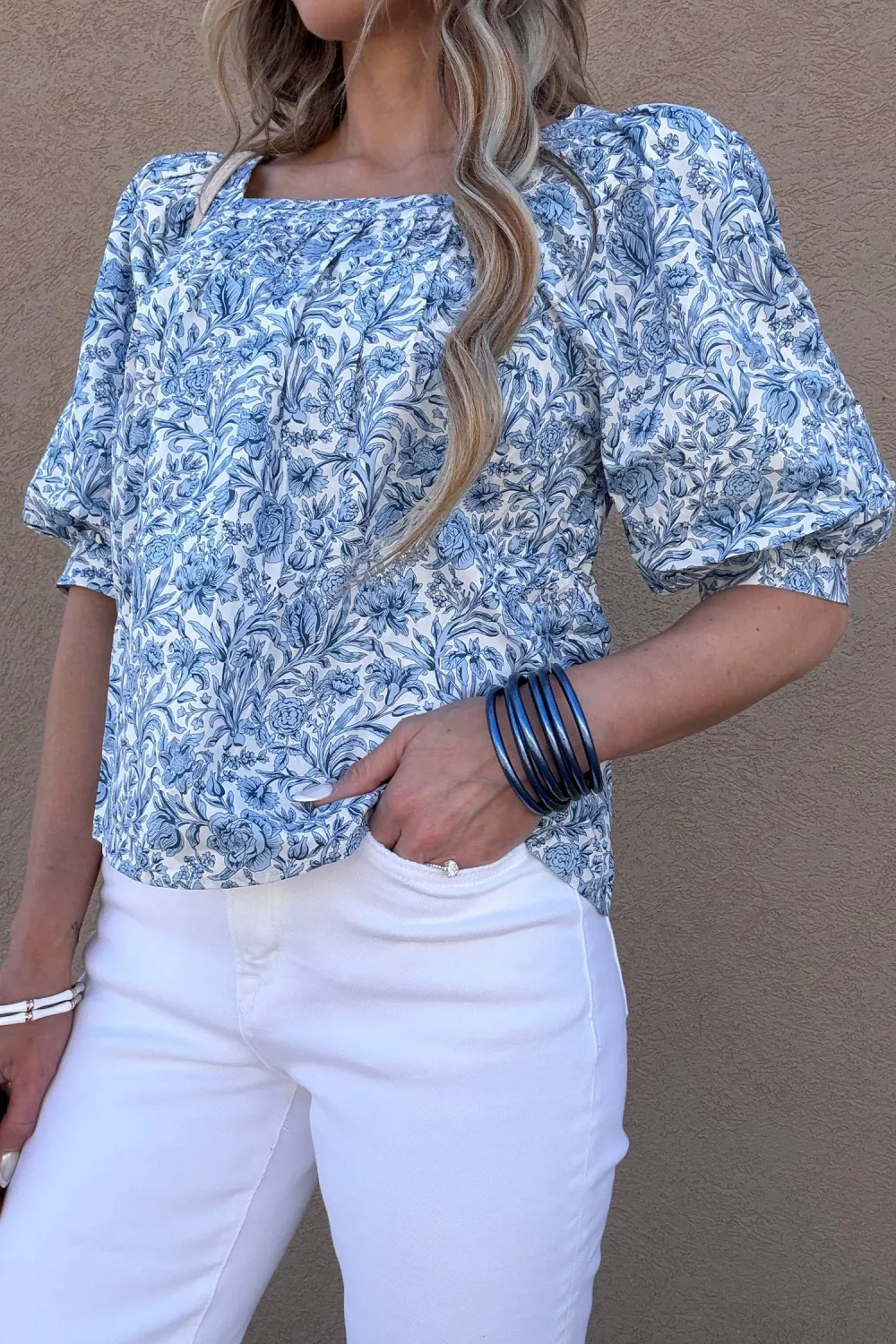 Sky Blue Square Neck Short Sleeve Blouse