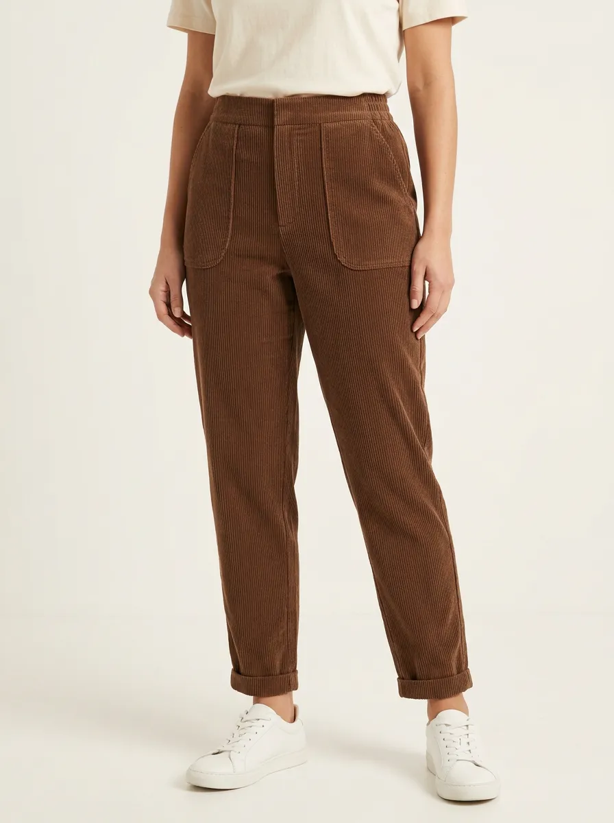 Women's High-Rise Patch-Pocket Cuffed Tapered Corduroy Pants