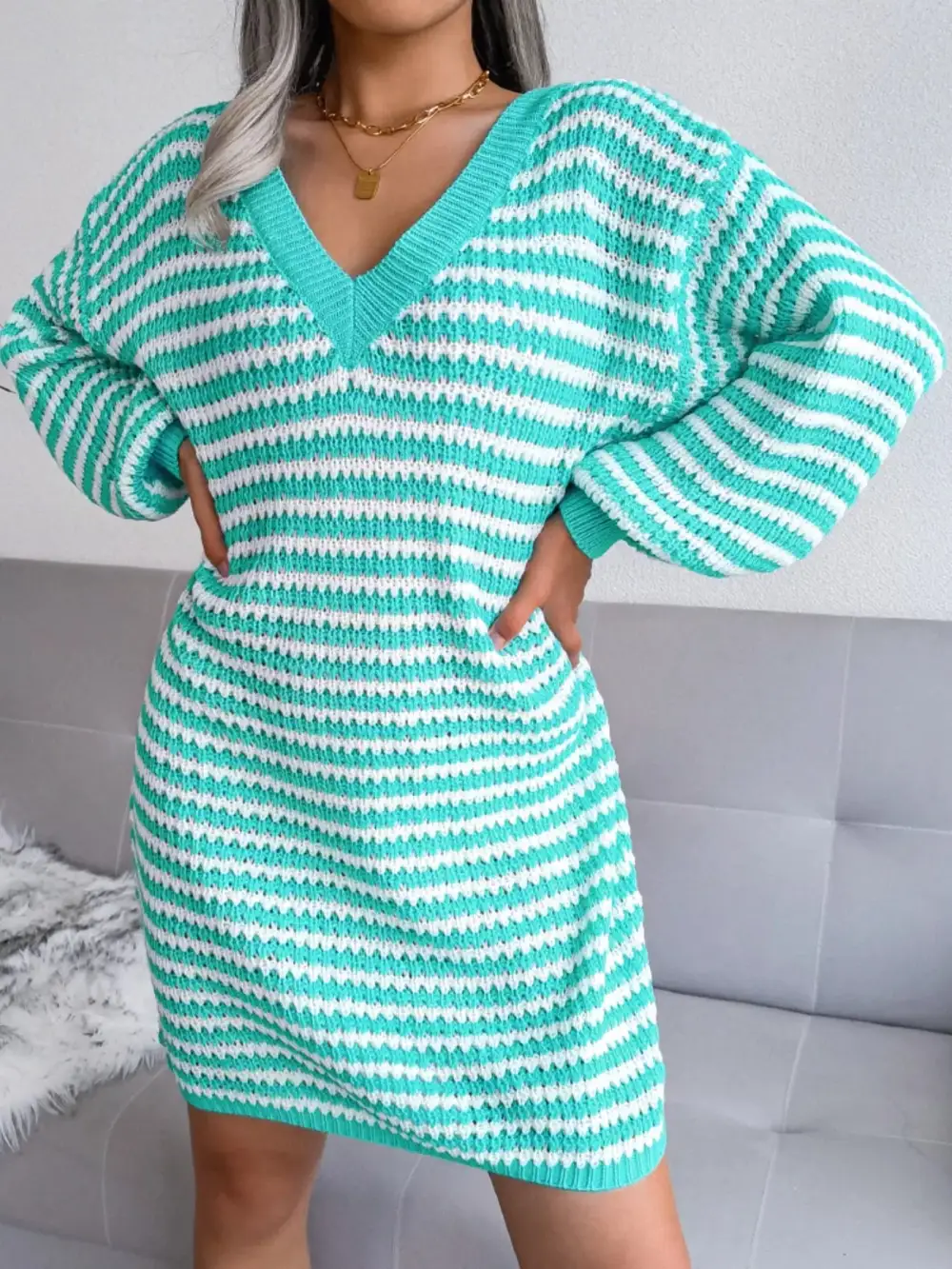Striped V Neck Long Sleeve Sweater Dress