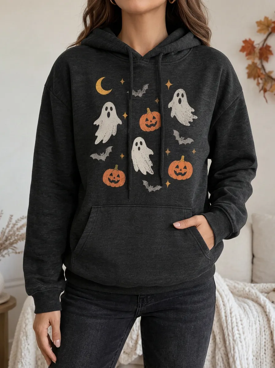 Women's Halloween Ghost Pumpkin Bat Illustrated Pullover Graphic Hoodie