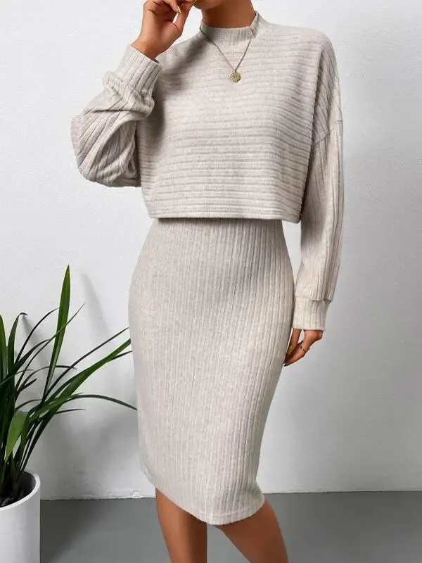 Fashion Pit Strip Long Sleeve Top Slip Skirt Suit