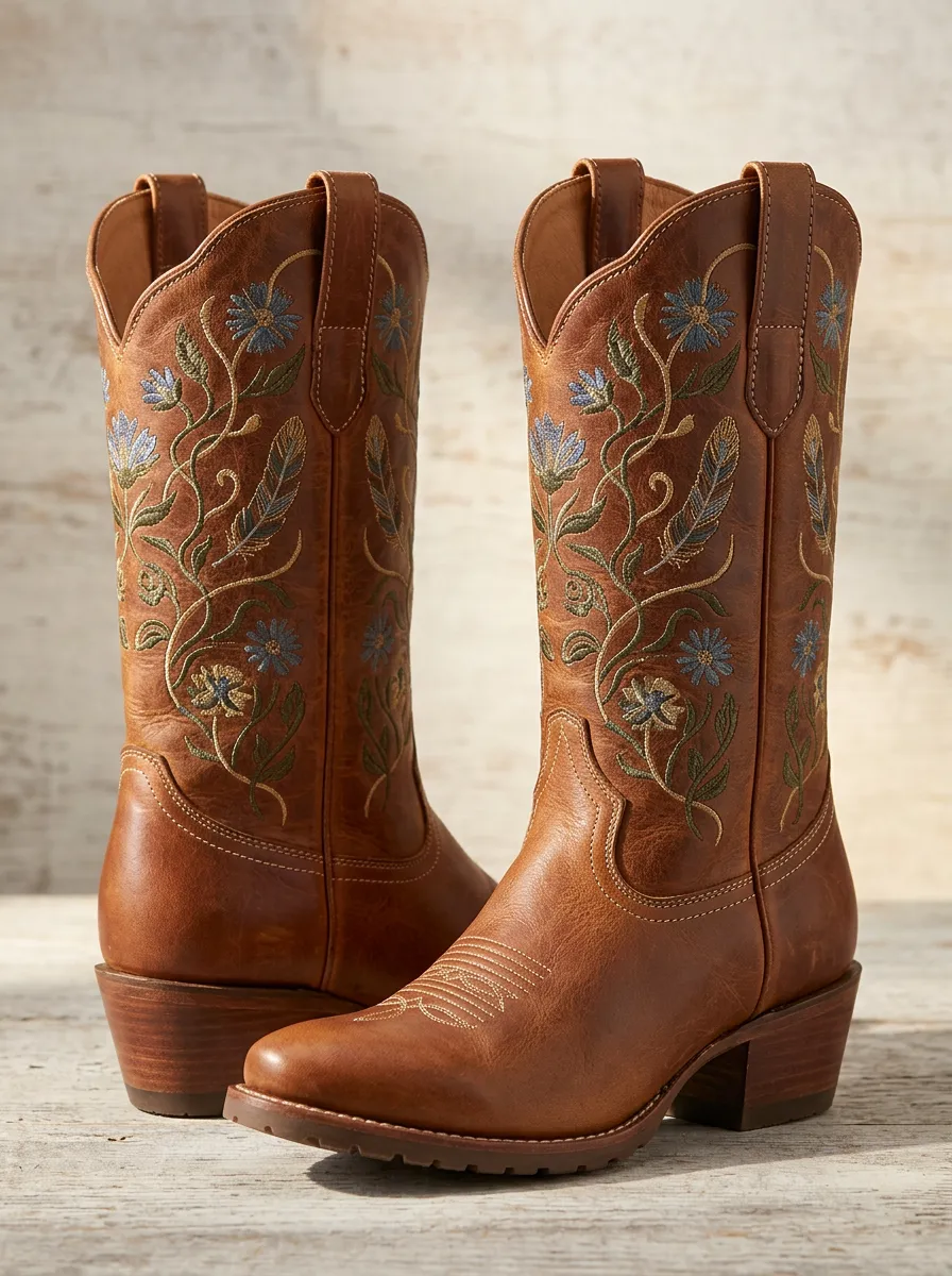 Unisex High-Plains Floral Embroidered Ranch Look Western Cowboy Boots