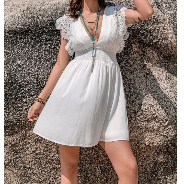 Lace Detail Plunge Cap Sleeve Mini Dress