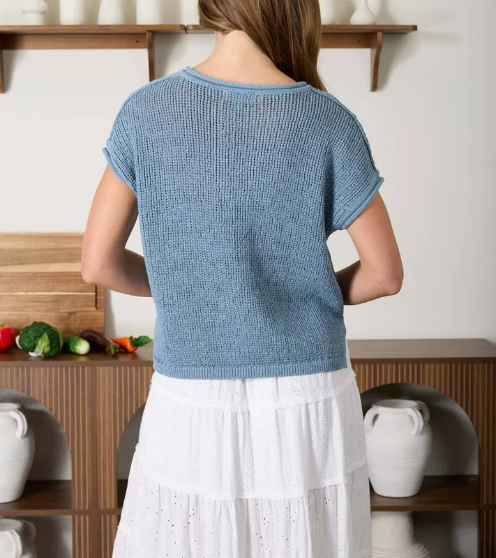 Split Neck Raw Edge Sheer Knit Top