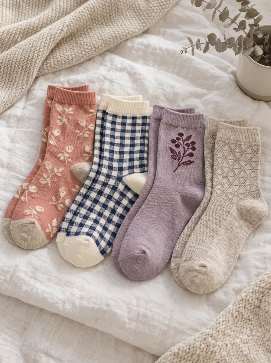 Women's Vintage Floral Gingham Berry Geometric Printed Socks Set
