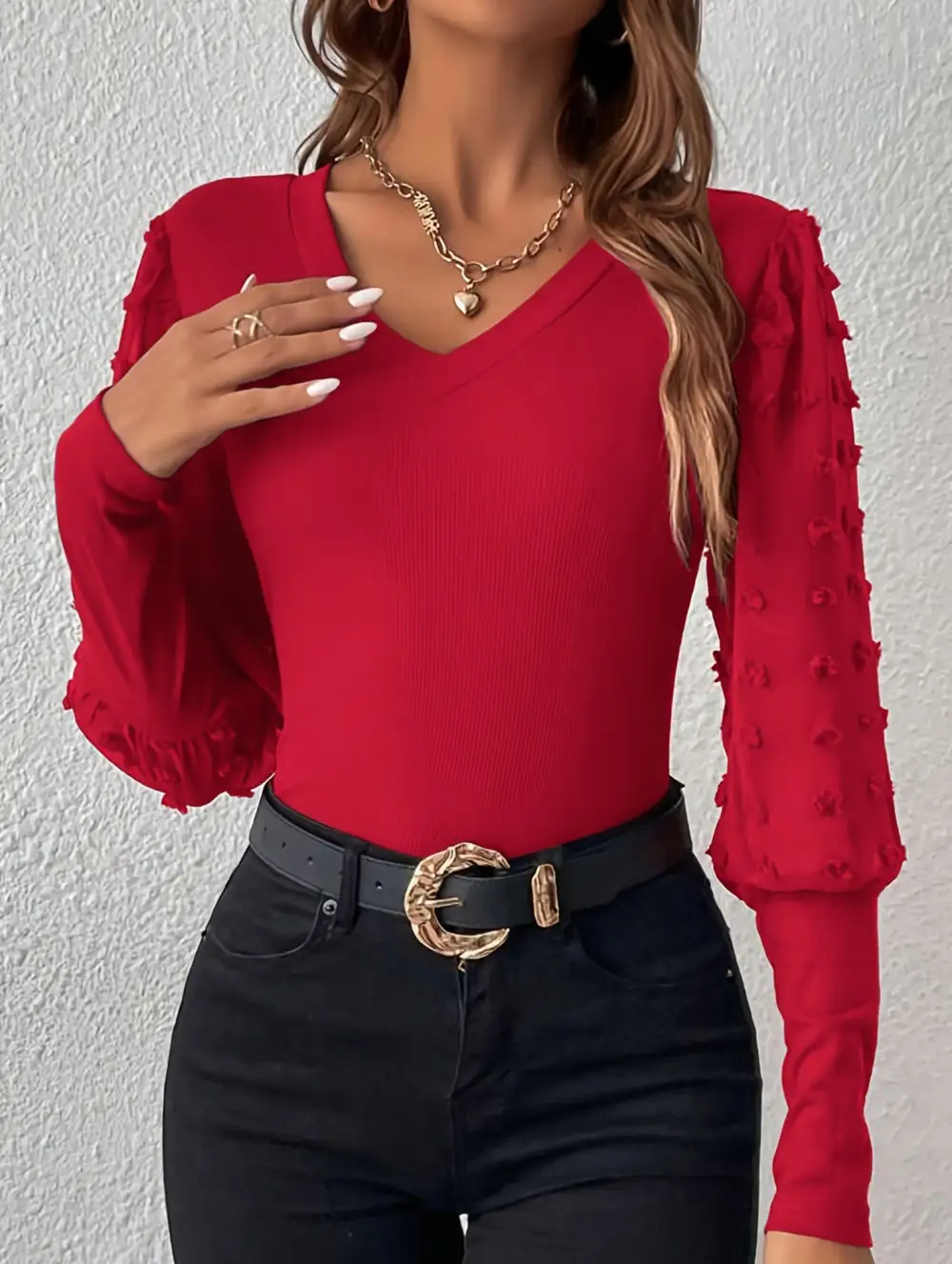 Ribbed V-Neck Chiffon Sleeve Top