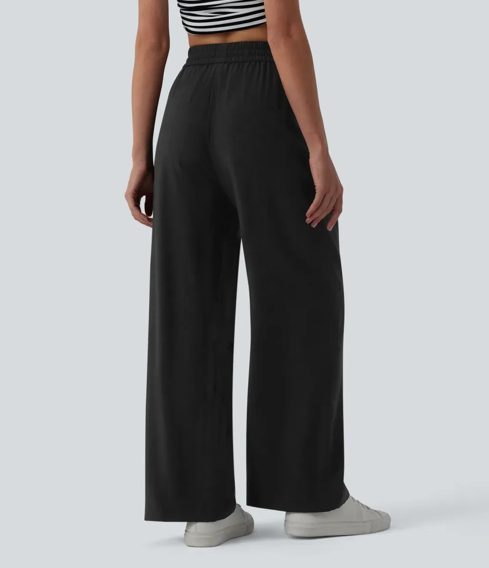 2026🔥High Waisted Drawstring Wide Leg Casual Linen-Blend Trousers with Pockets