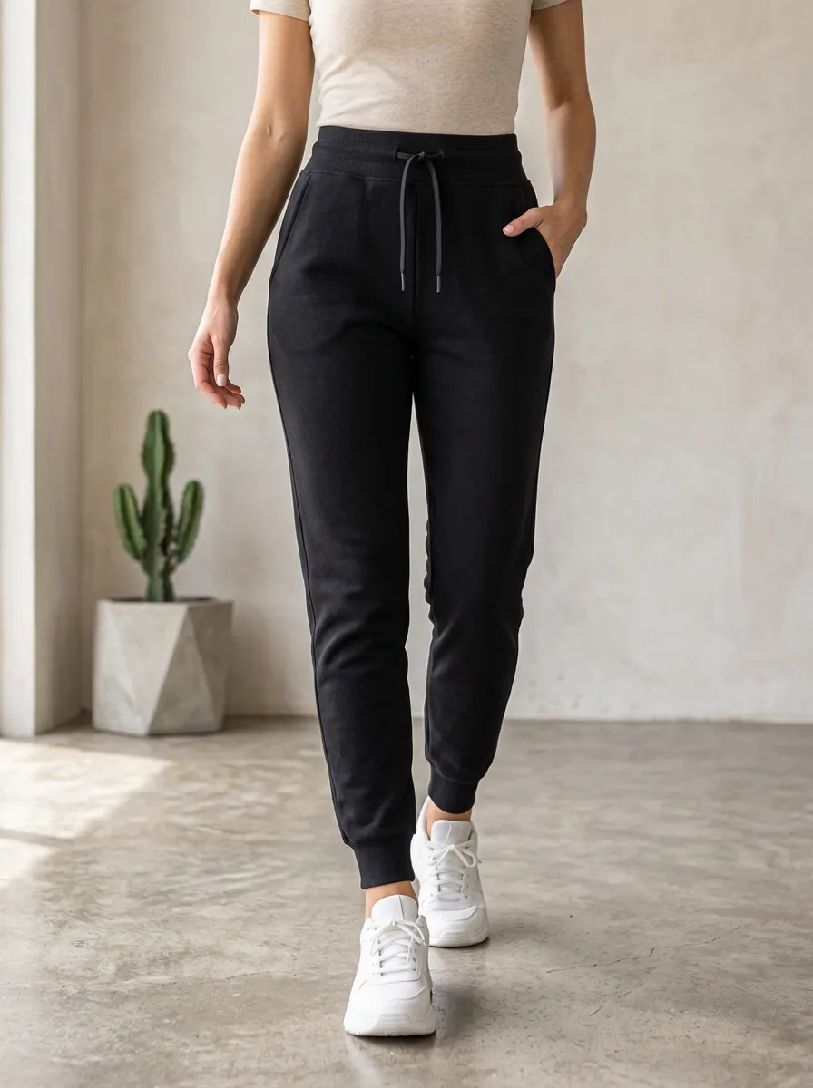 Women's High-Waisted Solid Black Drawstring Joggers