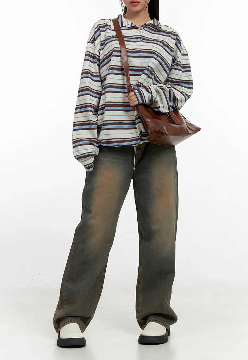 Stripe Buttoned Collar T-Shirt