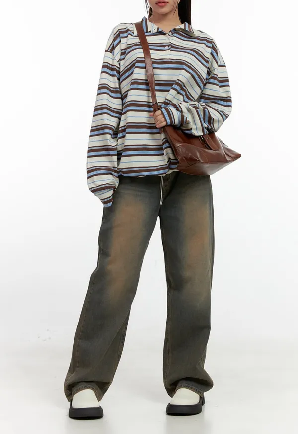 Stripe Buttoned Collar T-Shirt