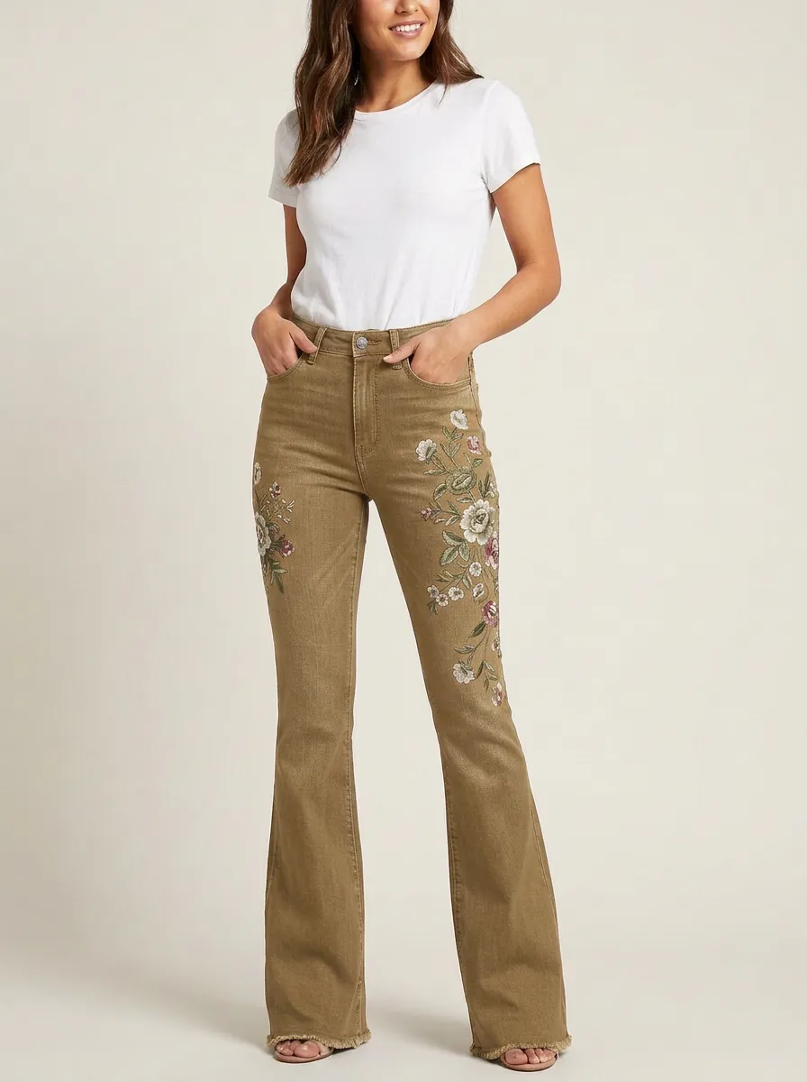 Women's Dark Wash Floral Embroidery High-Rise Flare Jeans