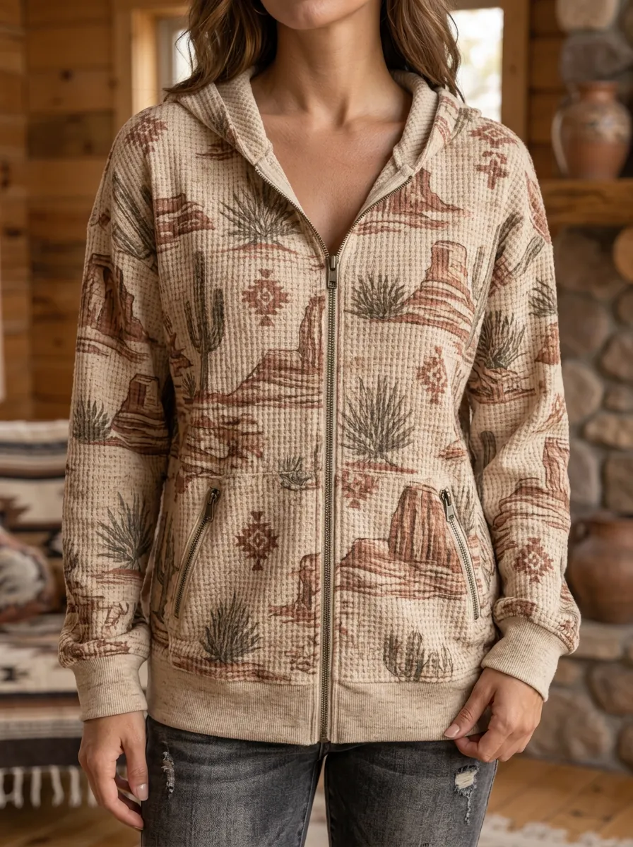 Women's Western Desert Cactus Signature Pattern Waffle Zip-Up Hoodie