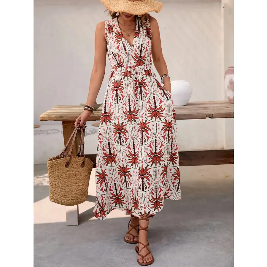 Printed V-neck Sleeveless Midi Dress