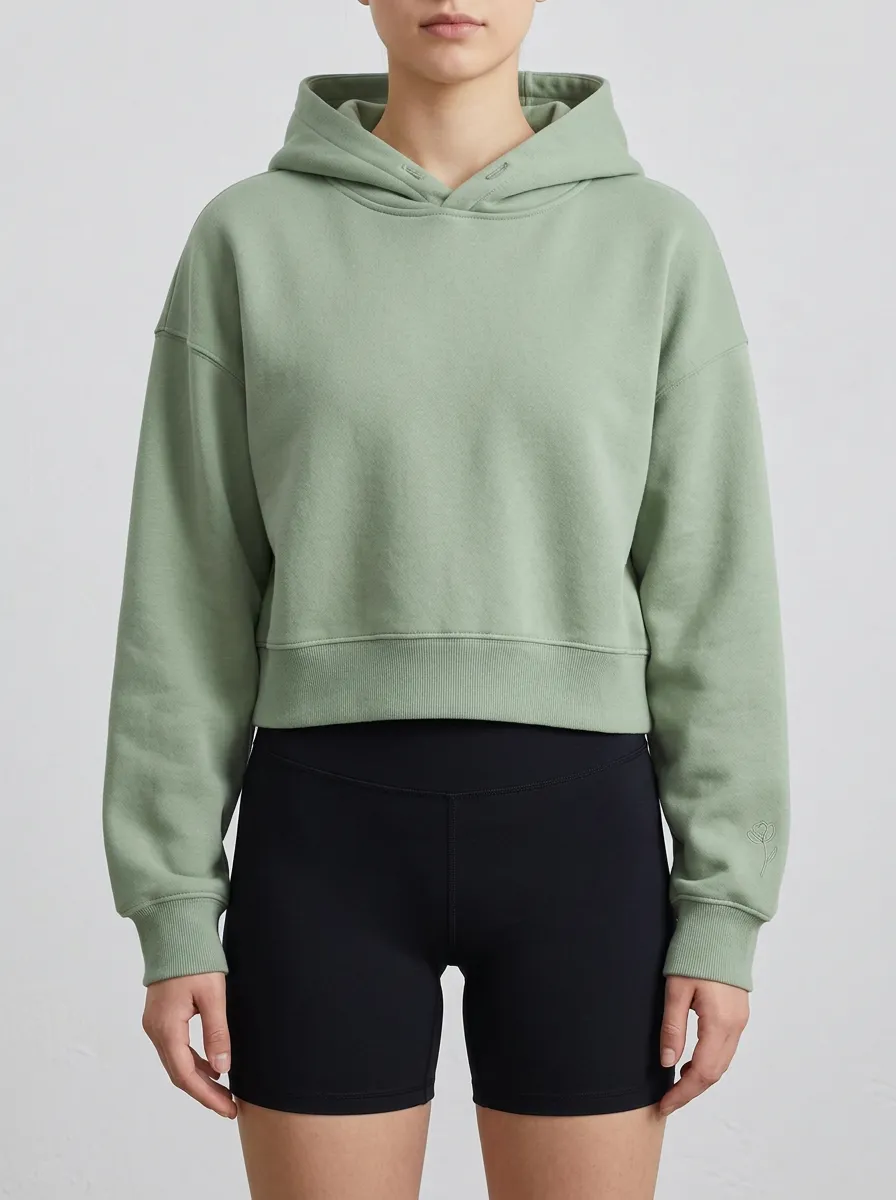 Women's Minimalist Sage Green Rose Embroidered Cropped Hoodie