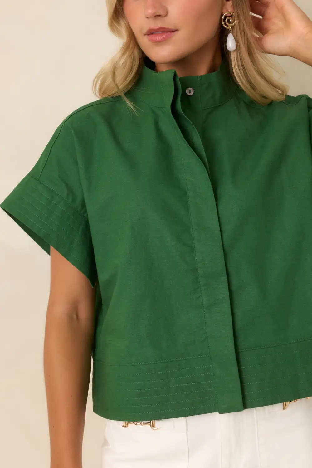 Button-Front Short-Sleeve Cropped Mock-Neck Top