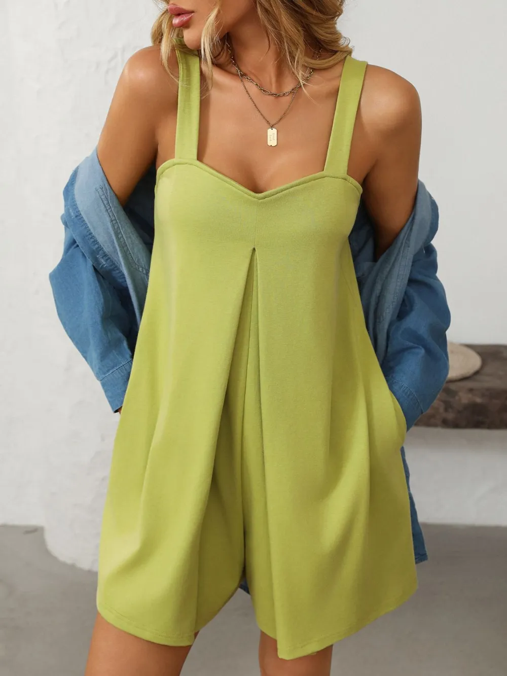Sweetheart Neck Wide Strap Romper With Pockets