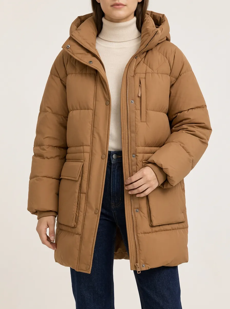 Women's Hooded Puffer Jacket in Brown