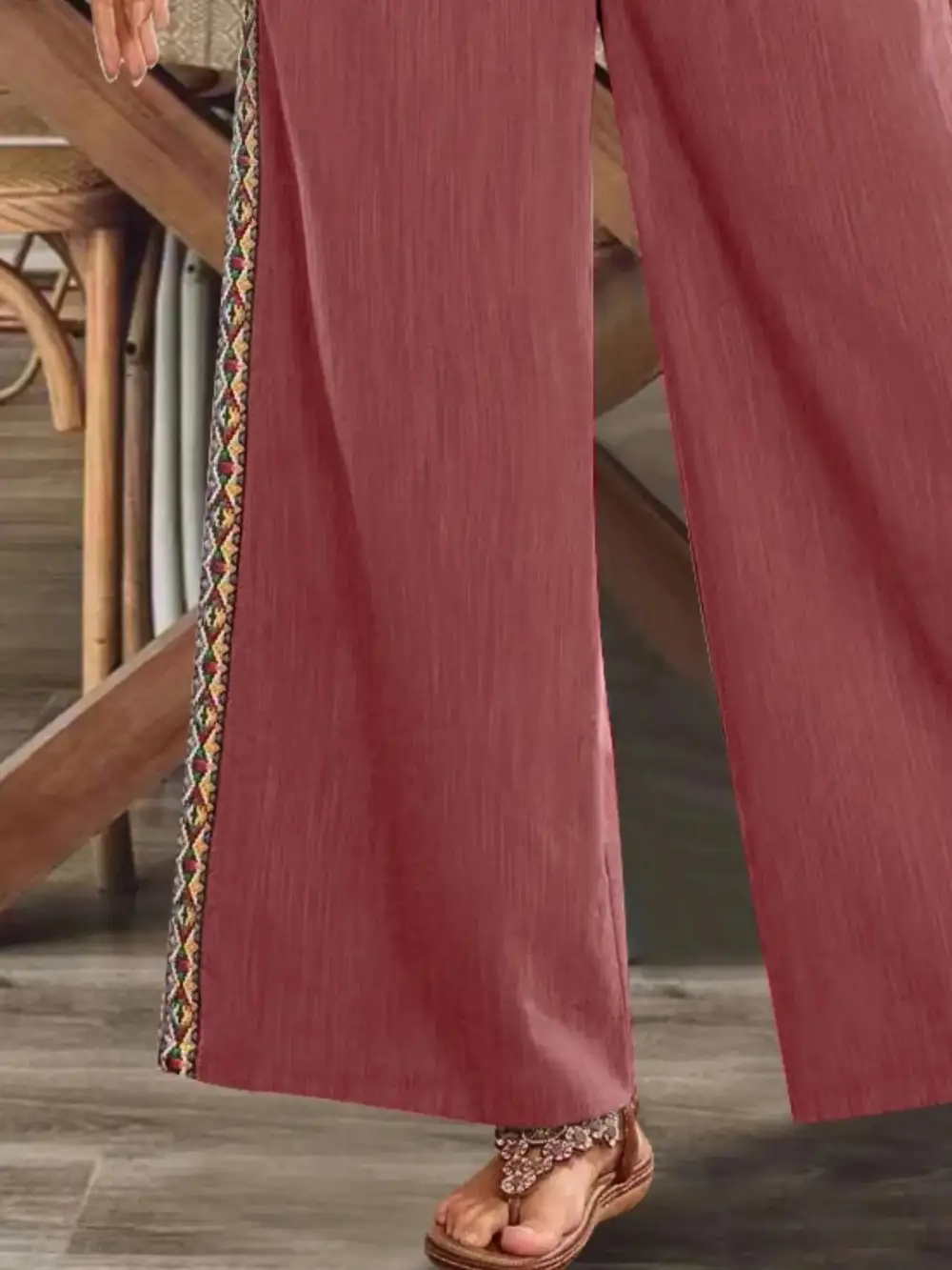 Bohemian Wide-Leg Embroidered Side Stripe Pants