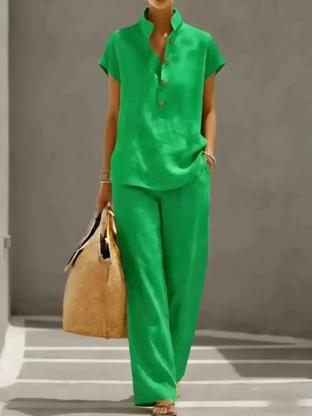 Women's Summer Solid Color Linen Cotton Short Sleeve + Long Pants Set