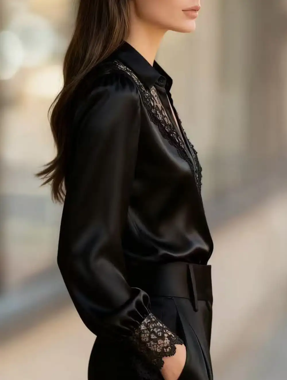 Simple Lace Detail V Neck Blouse