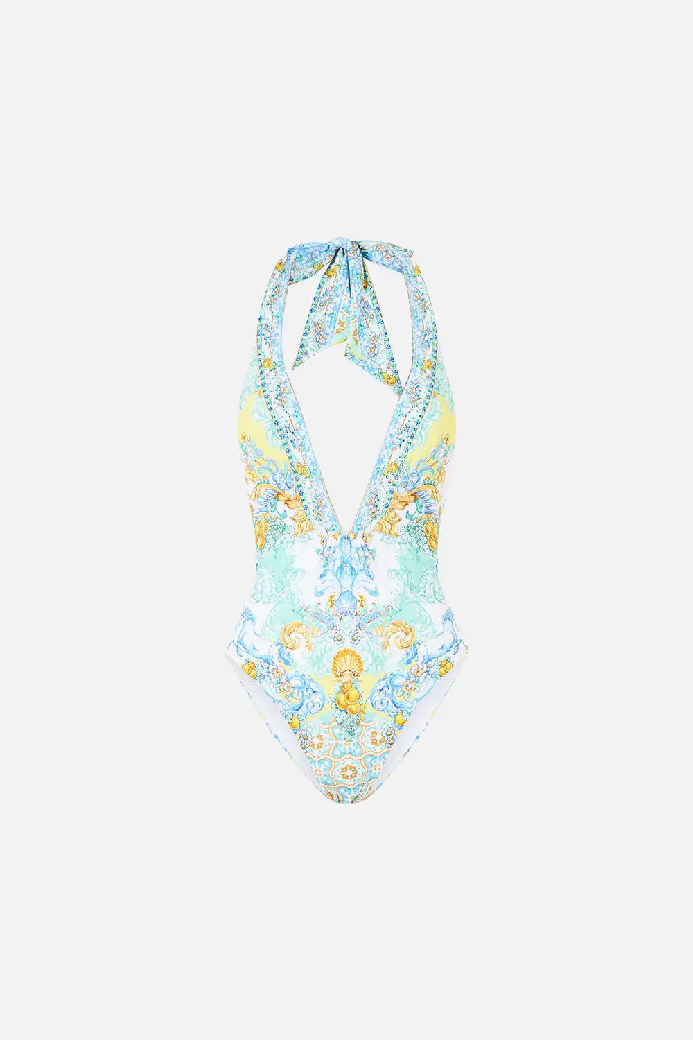 Plunge Halter One-Piece Swimsuit with Bar Front Trim