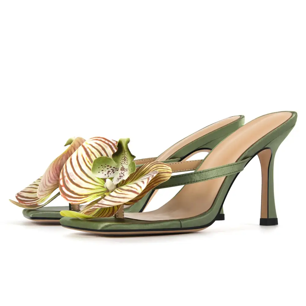Square Toe Flower Thong Mule Sandals