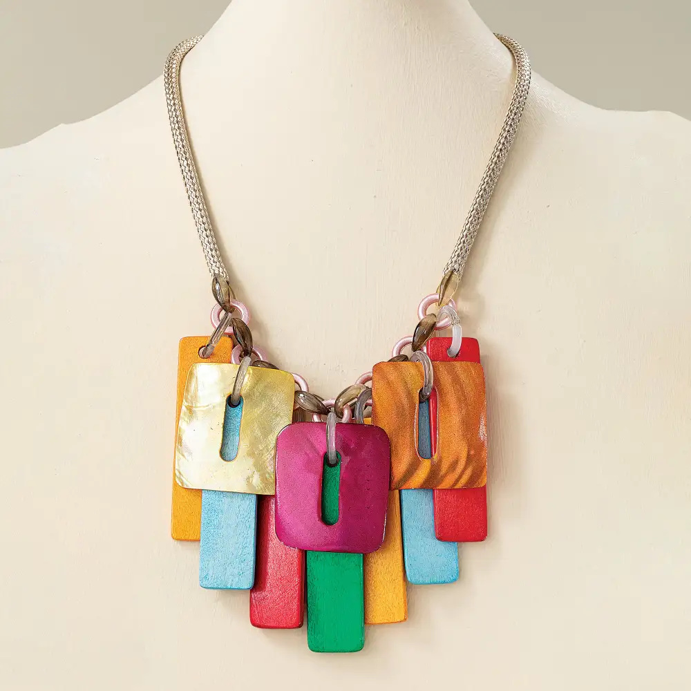 Wood Carved Rainbow Layered Pendant Necklace