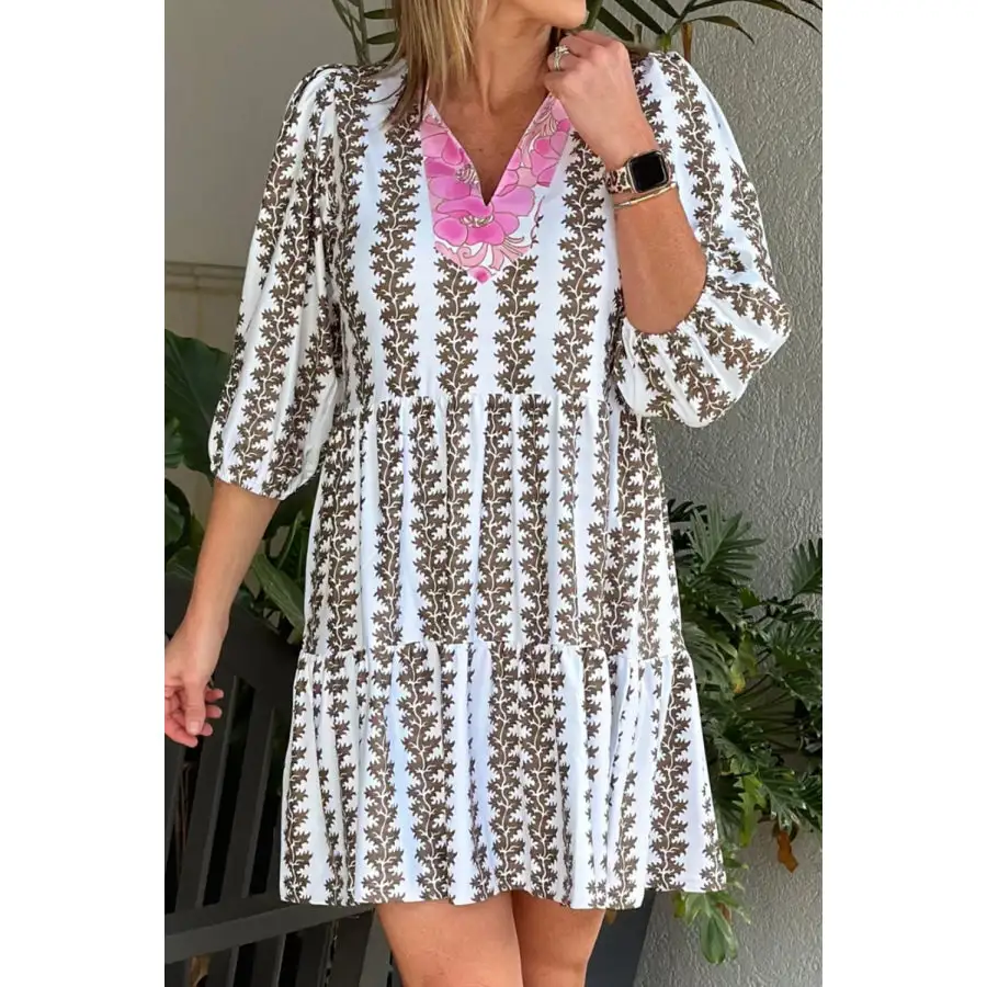 Notched Three Quarter Sleeve Mini Dress