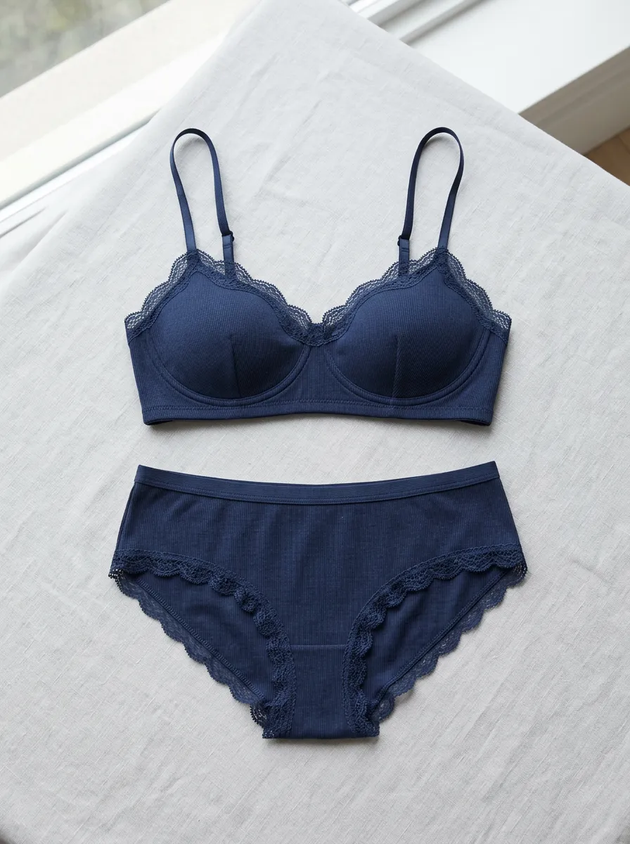 Women's Ribbed Lace Trimmed Lingerie Set