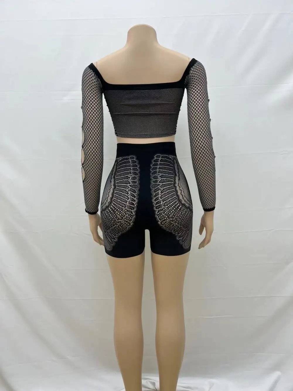 Off-Shoulder Mesh Two Piece Set with Cutouts and Lace Details