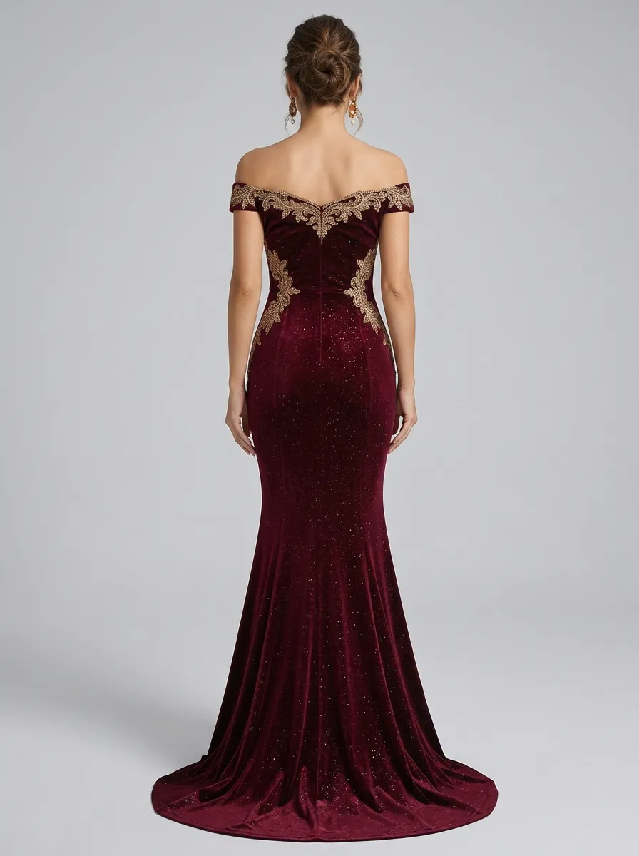Women's Velvet Embroidery Off-Shoulder Evening Gown
